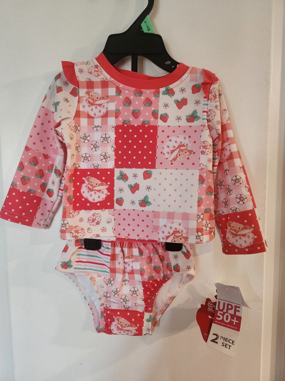 Strawberry Shortcake Girls Pink & Red Patchwork Rash Guard Two-Piece Swim Set